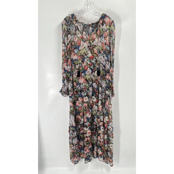 Anthropologie Marias Printed Chiffon Maxi Dress Floral Long Sleeve Sheer Sz L - Picture 2 of 7